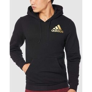 Adidas | Black Waffle Knit Hoodie with Metallic Gold Classic Three Stripes Logo